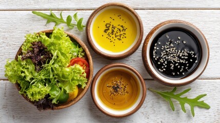 Colorful salad featuring fresh greens and cherry tomatoes served alongside three different dressings in small bowls on a rustic wooden table, perfect for a nutritious meal.