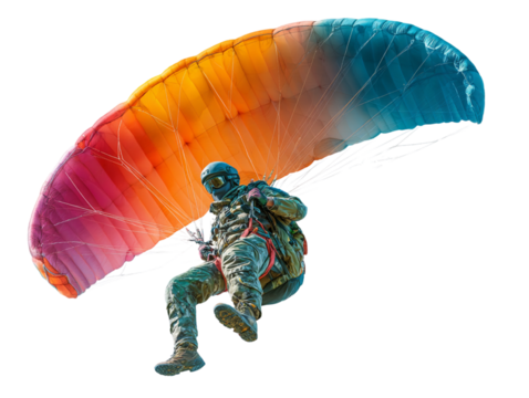  Back side flying on a paraglider isolated on white background