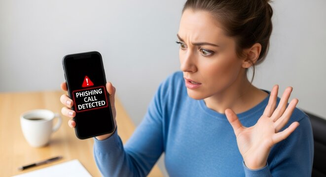 Woman showing smartphone with "phishing call detected" message. Cybersecurity issue concept, online fraud and scam protection for digital security. - Powered by Adobe