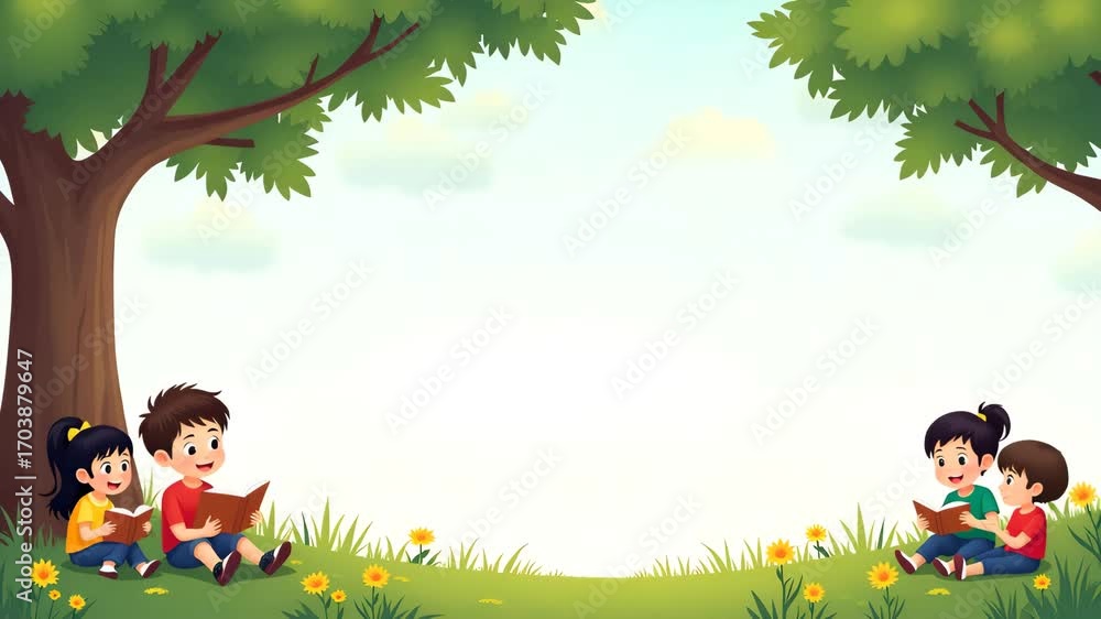 Poster flat international literacy day border frame with children reading under a tree copy space for text 