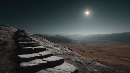 White Stone Steps Leading Upward on a Dry Hilltop Under a Sunny Sky with cinematic lighting atmospheric depth with cinematic lighting atmospheric depth