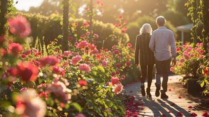 Senior couple walking arm in arm through blooming rose garden at sunset, symbolizing love, aging together, and peaceful retirement
