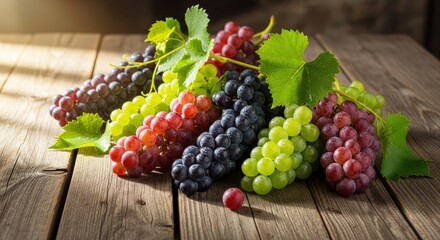 Assortment of fresh grapes on a rustic wooden table.