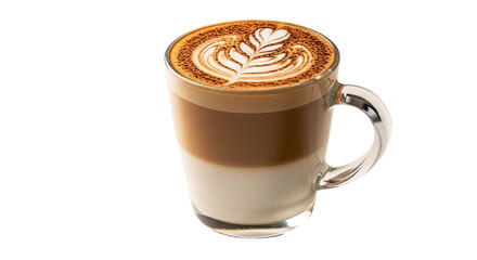 A layered coffee latte with intricate leaf shaped foam art in a glass mug ready to enjoy on transparent background