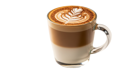 A layered coffee latte with intricate leaf shaped foam art in a glass mug ready to enjoy on transparent background