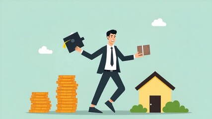 Flat Businessman Stacking Coins: A Cute Vector Illustration of Financial Concepts Including Savings, Insurance, and Mortgage for Smart Money Management - Powered by Adobe