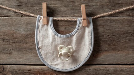 A cute baby bib with a pacifier is hung on a rope with clothespins against a rustic wooden background, perfect for baby shower decorations or nursery setups.