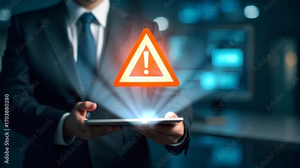 Poster businessman or it staff programmer developer using computer laptop triangle caution warning sign not