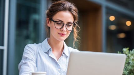 A young woman with glasses focuses on her laptop in a stylish cafe. Natural light fills the space, creating a relaxed atmosphere as she enjoys her work and a warm beverage.