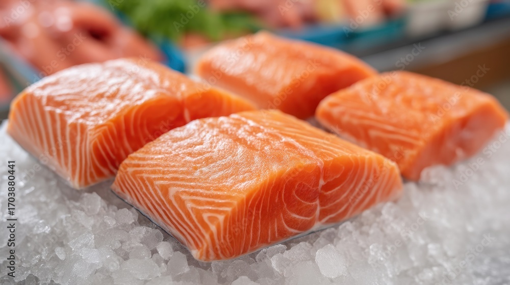 Poster fresh salmon fillets displayed on ice with vibrant background featuring various seafood items for a 