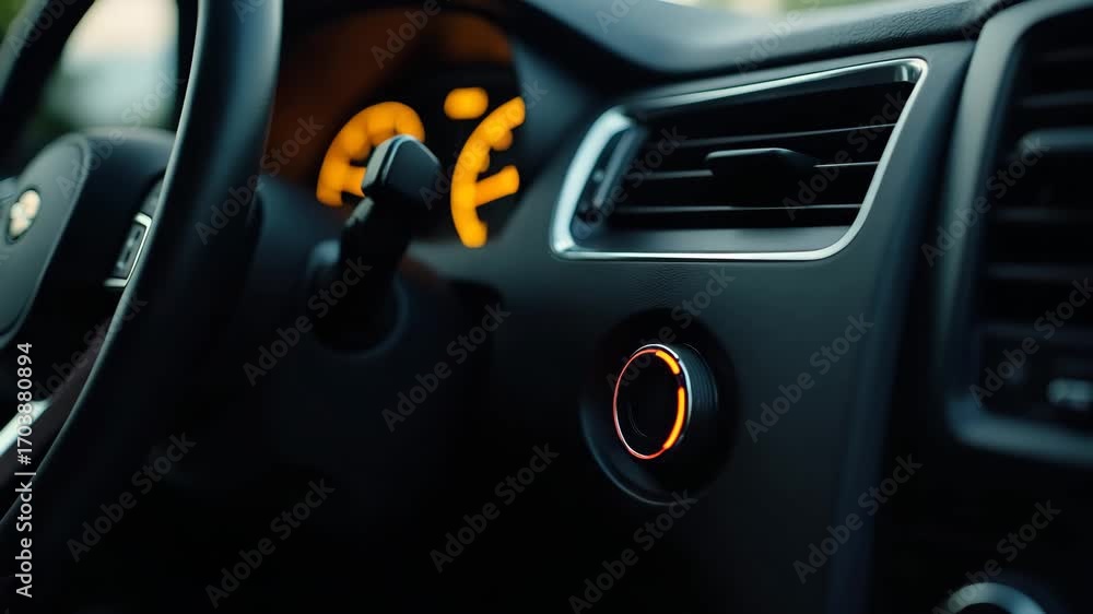 Poster close up of man presses start button in car motor. turning on functioning systems vehicle. start usi