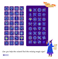Can you help the wizard find the missing magic sign? Logic puzzle for children and adults. Game find and search. Page for brain teaser book. Task for attentiveness. Play online. Vector illustration.
