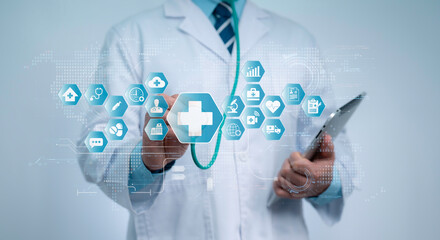 Doctor using tablet with futuristic digital healthcare icons, telemedicine, cloud service and innovation technology concept for online consultation, medical data management and patient care