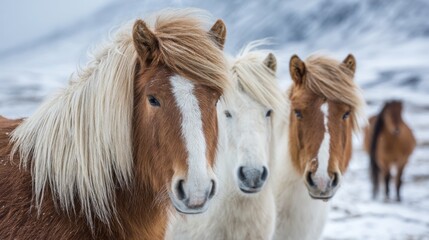 Fototapeta premium Three Icelandic horses with distinct coats stand side by side in a snowy landscape. Their flowing manes sway gently in the cold breeze under a gray sky, showcasing their unique features.