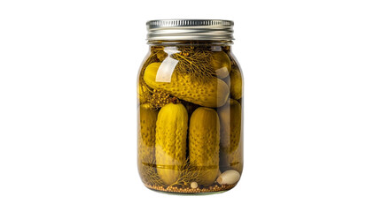 A jar full of delicious homemade dill pickles perfectly preserved for a tangy treat on a dark on transparent background