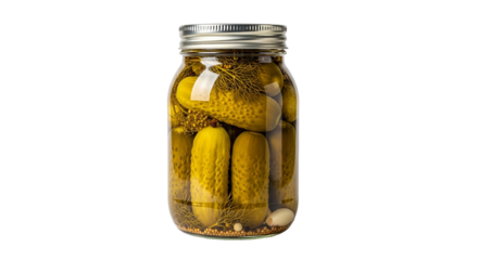 A jar full of delicious homemade dill pickles perfectly preserved for a tangy treat on a dark on transparent background