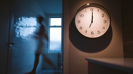 Busy individual races against time post-shower, showcasing an efficient morning routine with a visible clock ticking away.