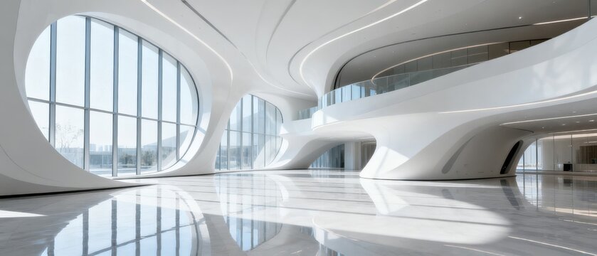 Modern architecture interior space with curves and windows