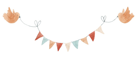 Cute watercolor birds holding bunting garland. Hand painted festive children illustration, perfect for nursery decor, baby shower, party and invitations