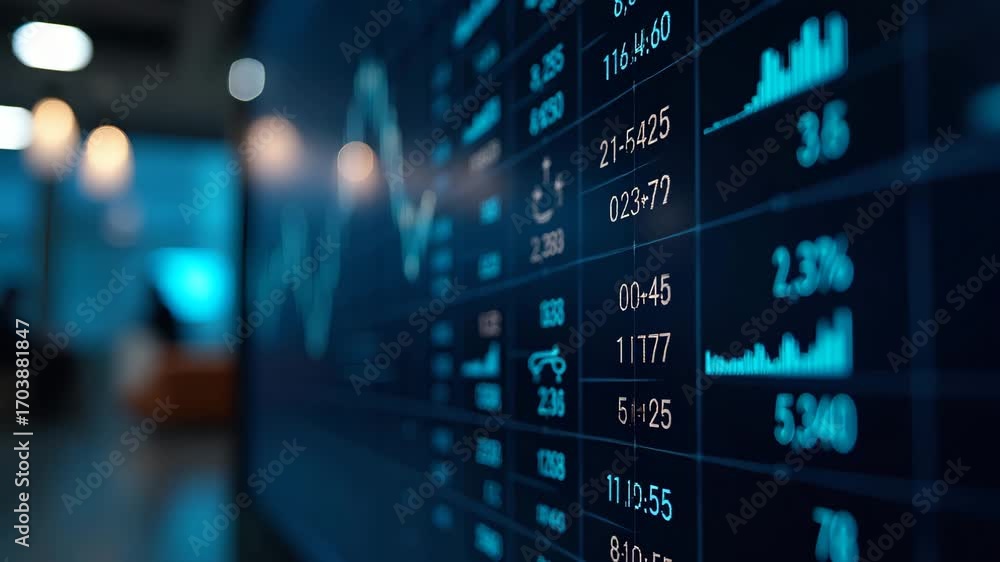 Poster flat stock market data displayed in a table format on a large screen with lights and blurred backgro
