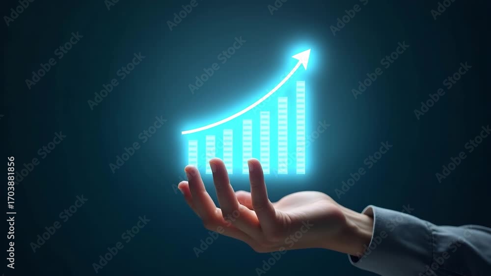 Aufkleber flat hand using holographic device to display evaluation for employee growth with empty space backgr