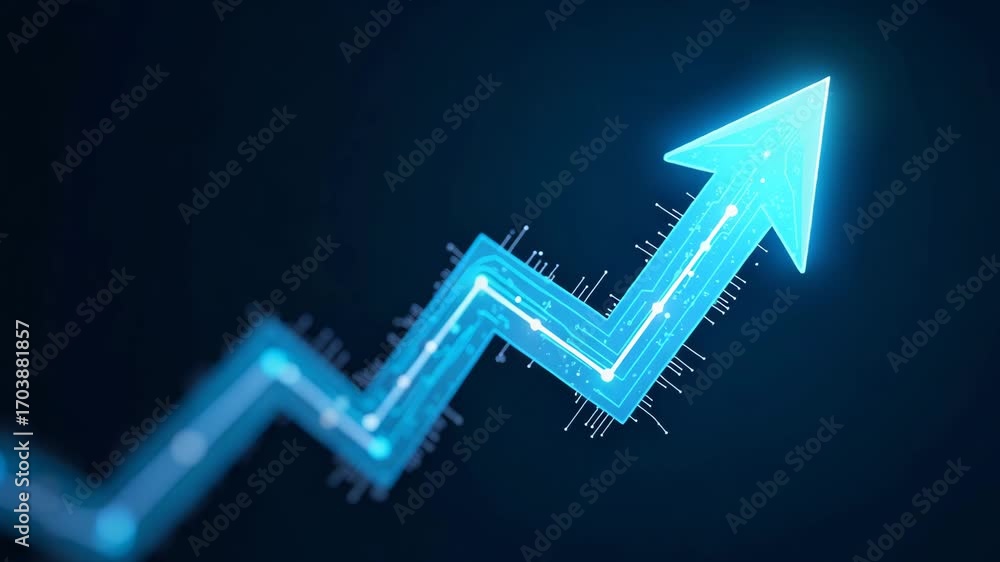Poster business arrow pointing up showing growth line with circuit technology on dark blue background symbo