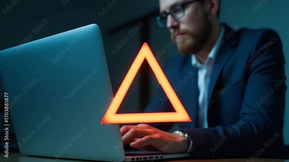 Aufkleber businessman or it professional using laptop with triangle caution warning sign: notification of erro