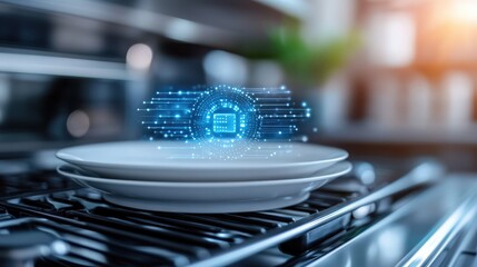 A Futuristic Kitchen Scene Featuring Abstract Digital Technology Overlay on a Stack of Plates, Symbolizing Innovation in Culinary Experiences