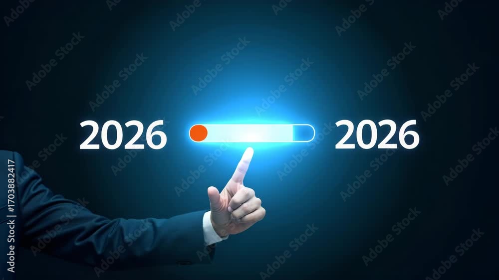 Poster future planning: a flat hand pointing to a holographic loading bar transitioning from 2026 to 2026 -