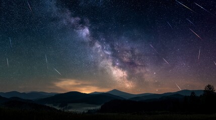 Fototapeta premium Night scene displays Milky Way arching over dark hills with streaks of meteors in a starlit sky