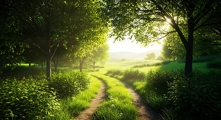 Fototapeta premium Scenic Countryside Path Through Lush Green Fields and Trees on a Sunny Day Discovering Nature