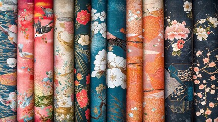 A vibrant pattern of floral designs on fabric, showcasing various colors and intricate details.