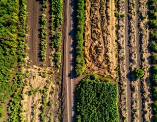 Aerial view of a roadway dividing dark earth and sand, with vegetation on either side