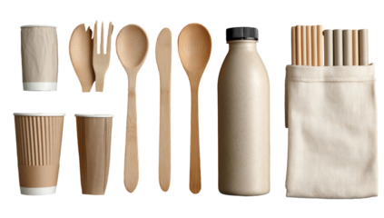 Eco-friendly tableware and water bottle in a bag