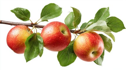 Three plump red apples are nestled among vibrant green leaves on a branch in a sunlit orchard. The fresh fruit is ready for harvest, showcasing natural beauty.