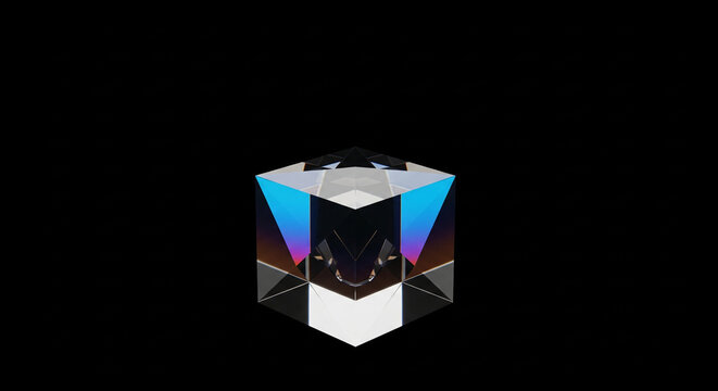 minimalist 3D background with a single transparent crystal block. Iridescent blue and metallic brown gradient on a black void. Abstract futuristic tech wallpaper with maximum copy space.