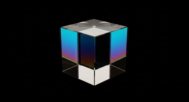 minimalist 3D background with a single transparent crystal block. Iridescent blue and metallic brown gradient on a black void. Abstract futuristic tech wallpaper with maximum copy space.