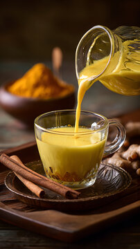 Golden turmeric milk being poured into glass cup, surrounded by cinnamon sticks, ginger, and turmeric powder, creating warm, inviting scene