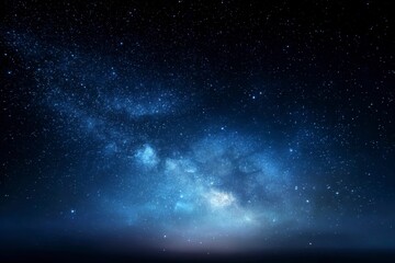 Night sky view multitude of stars forming a nebula with a horizon line in dark foreground