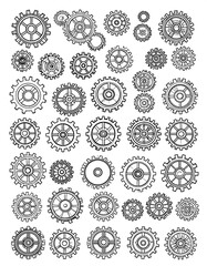 Collection of various gears, black line art on white background