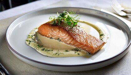 Gourmet Salmon Dish With Cream Sauce And Herbs Elegantly Plated On White Ceramic In Fine Dining Restaurant