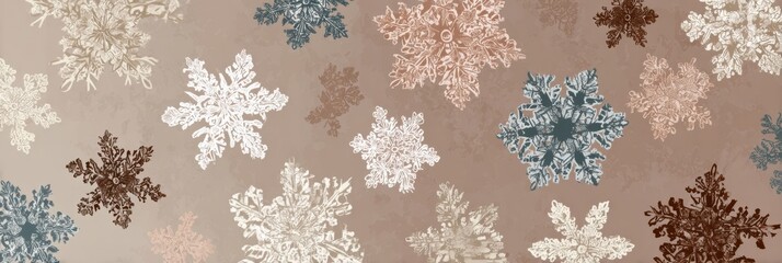 Delicate Snowflakes of Various Colors Gently Scattered on a Warm-Toned Background Showcasing Winters Unique Beauty in a Minimalist Design