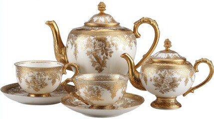Ornate tea set teapot sugar bowl two cups  saucers gold floral patterns on white porcelain