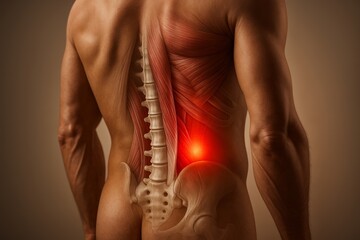 Illustration of medical anatomy, muscles of trunk including erector spinae and quadratus lumborum muscles, unilateral spasm of lumbar muscles in region of vertebrae 4 and 5 causing stiffness and pain