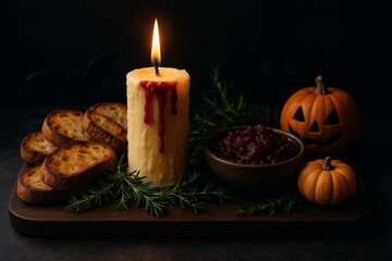 Halloween charcuterie board with edible butter candle centerpiece surrounded by toasted bread slices, herb sprigs and beet blood chutney, styled on elegant moody background with cinematic festive vibe