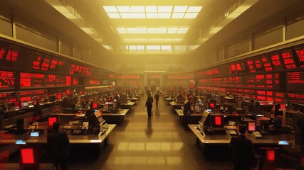 A top-down, floor multiple red tables stock values. smoke nearby buildings obscure sunlight, heavy, dystopian feel. Neon red numbers: economic collapse, market panic, recession. cinematic tension - Powered by Adobe