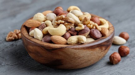 A wooden bowl filled with a variety of mixed nuts, including almonds, cashews, walnuts, and hazelnuts, is displayed on a textured rustic surface, creating a cozy atmosphere.