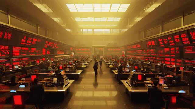 A top-down, floor multiple red tables stock values. smoke nearby buildings obscure sunlight, heavy, dystopian feel. Neon red numbers: economic collapse, market panic, recession. cinematic tension - Powered by Adobe