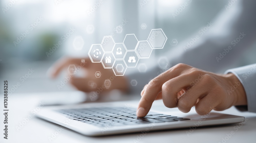 Poster close-up of a person using a laptop with digital interface and floating icons for modern technology 
