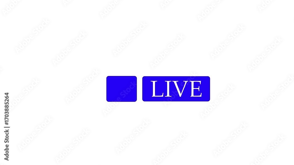 Poster blue live streaming button icon with white circle and text on white background